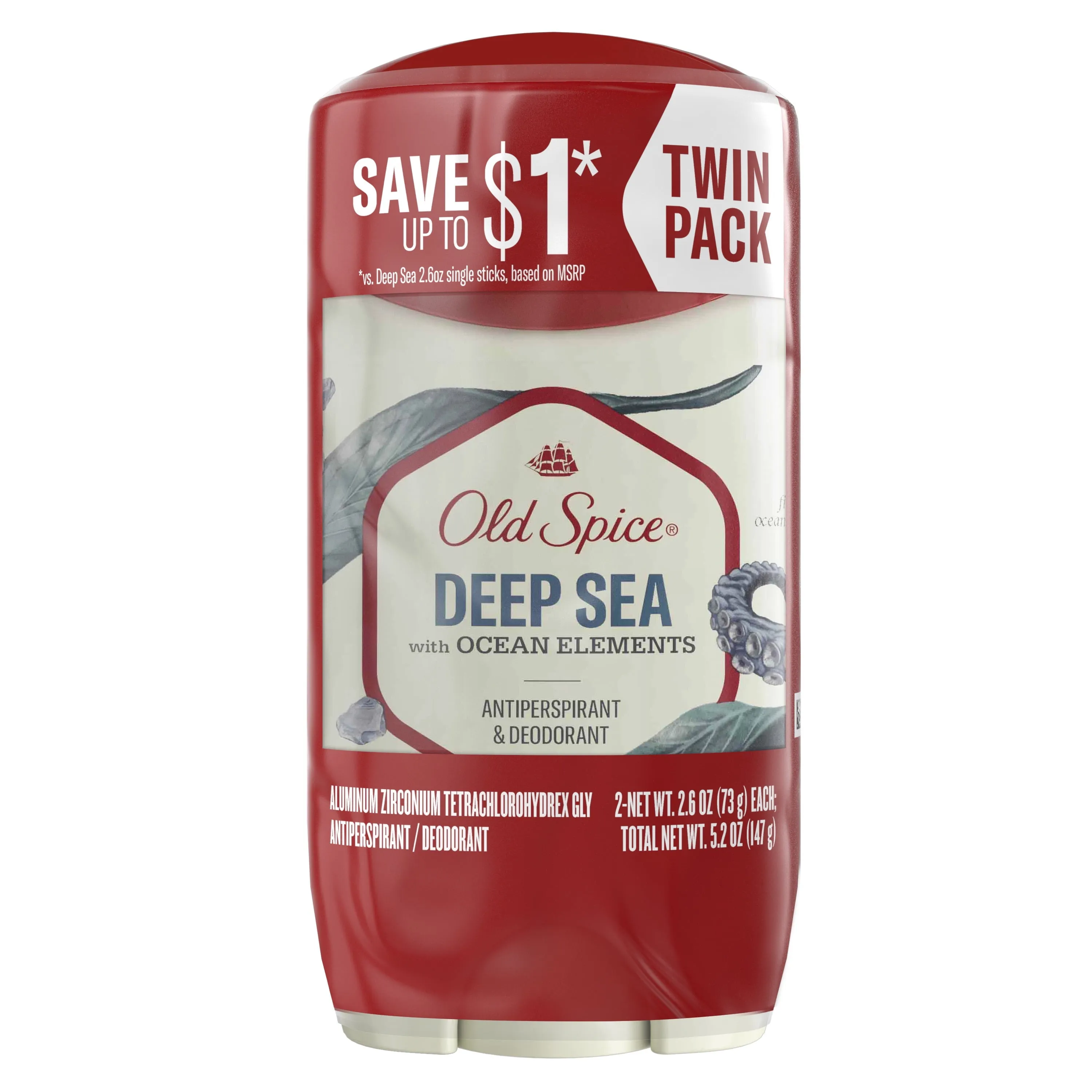 Old Spice Men's Antiperspirant Deodorant Deep Sea with Ocean Elements, 2.6 oz Twin Pack