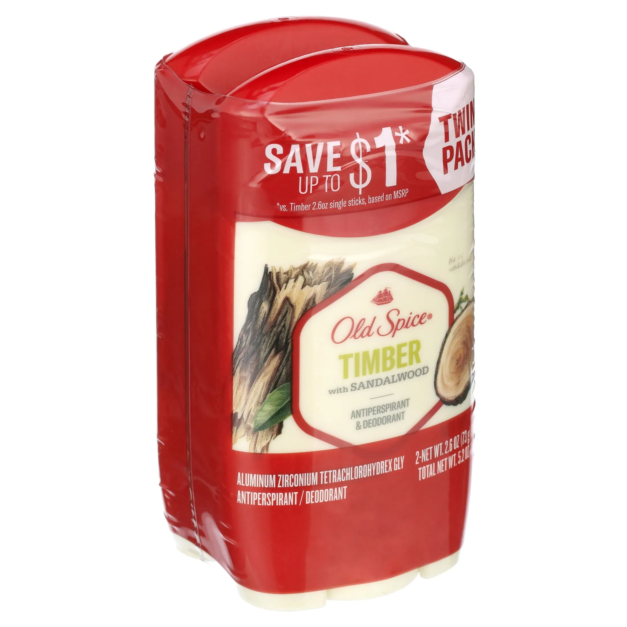 Old Spice Men's Antiperspirant Deodorant Timber with Sandalwood, 2.6 oz Twin Pack