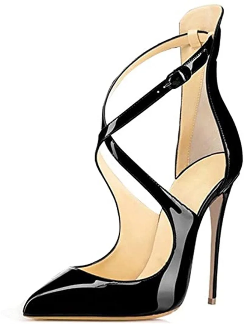 Patent Leather Cross Over Strap 12cm High Heel Pumps