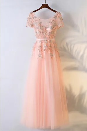 Peachy Pink Round Neck Long Prom Dress With Short Sleeves PG600