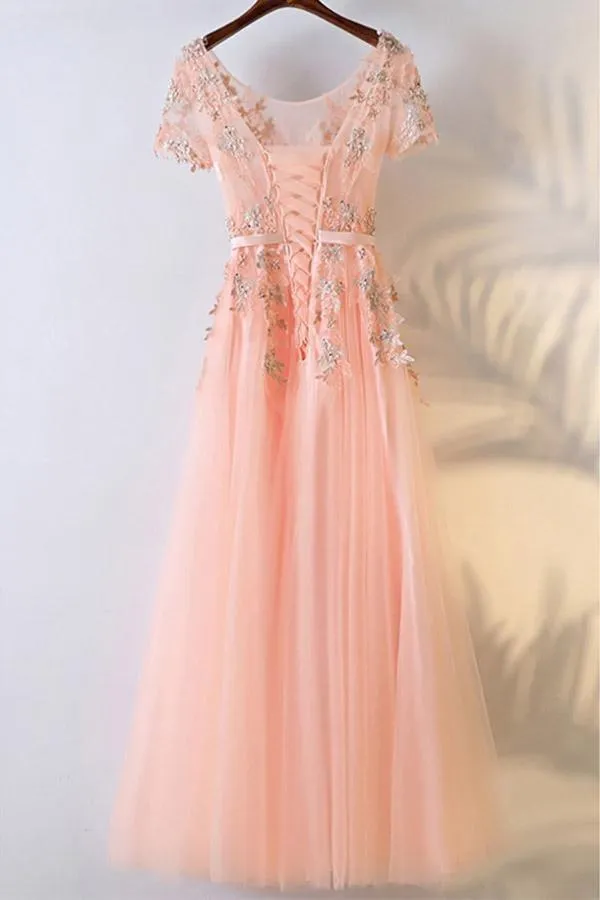 Peachy Pink Round Neck Long Prom Dress With Short Sleeves PG600