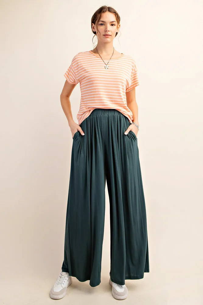 Plus Elastic Waistband Wide Leg Pants in Hunter Green by Kori America