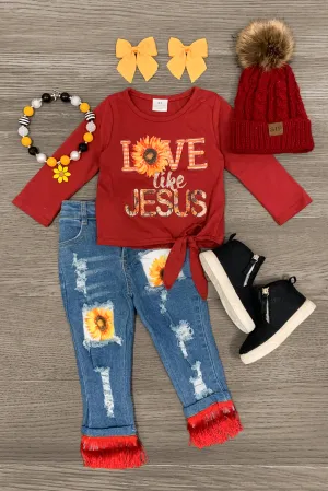 "Love Like Jesus" Sunflower Fringe Denim Set