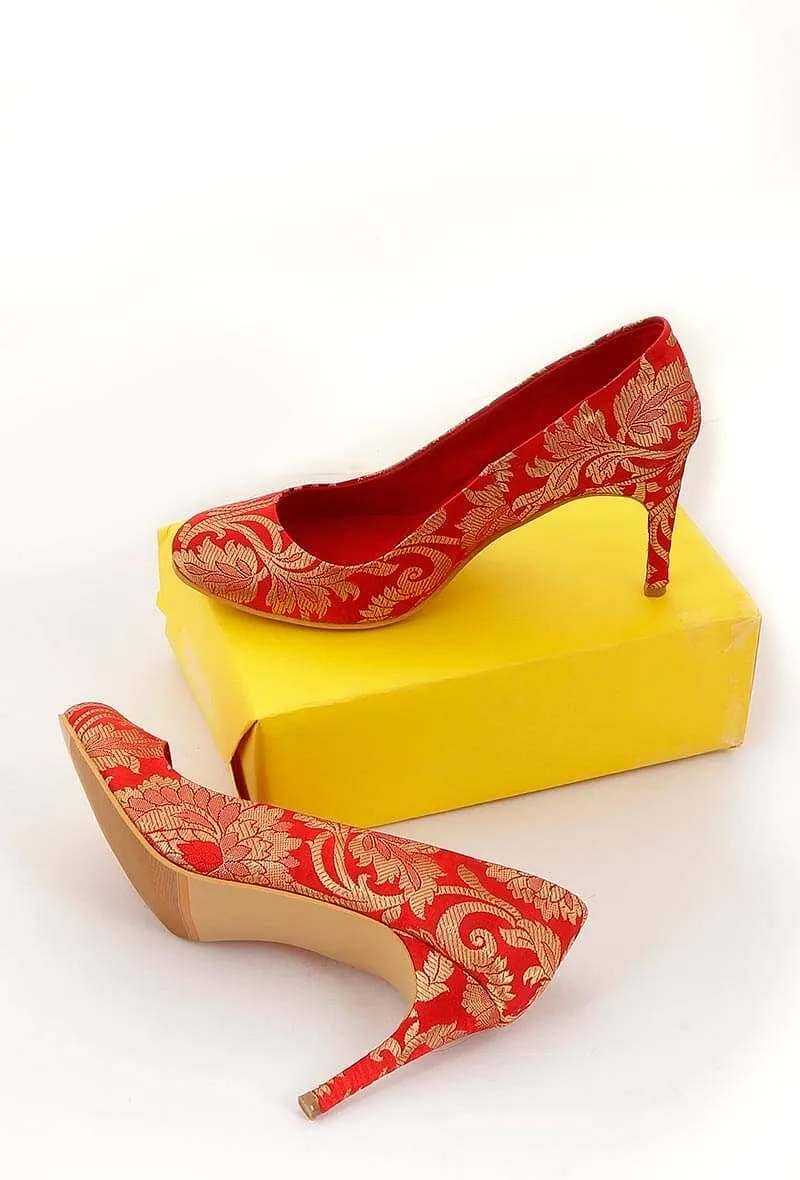 Red Pencil Heels In Brocade