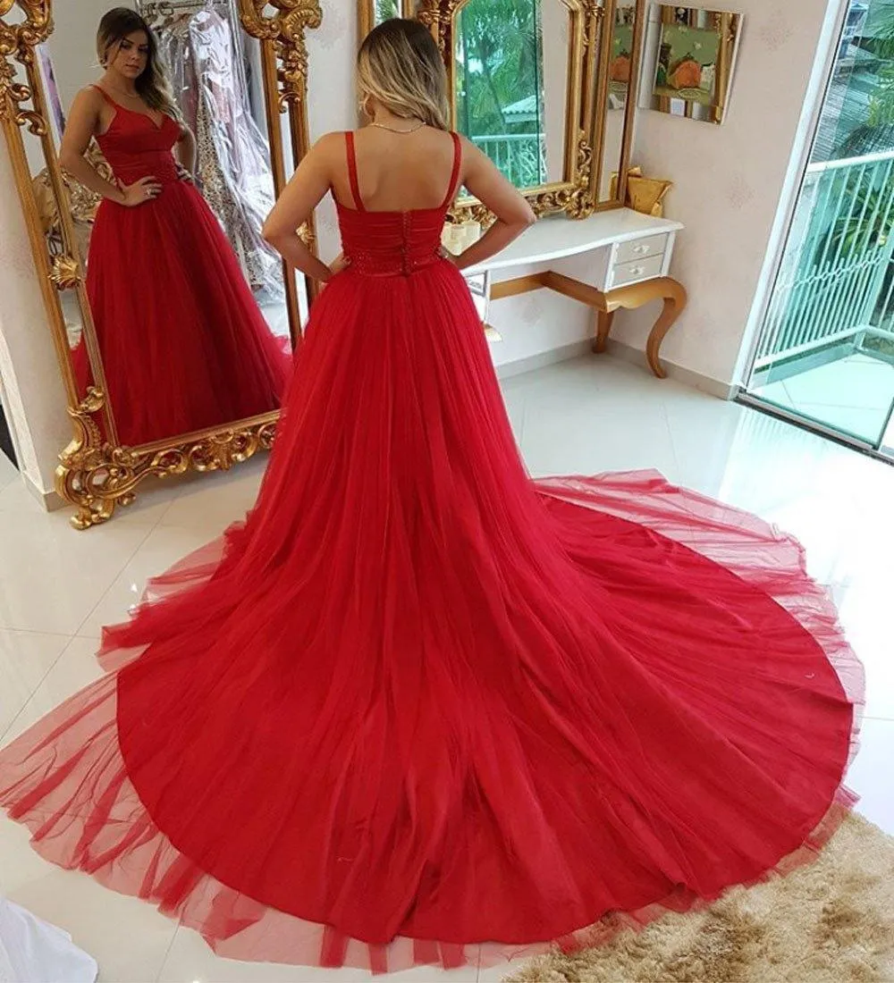 Red Spaghettis Traps Deep V-neck Tulle Backless Prom/Formal Dress PG920