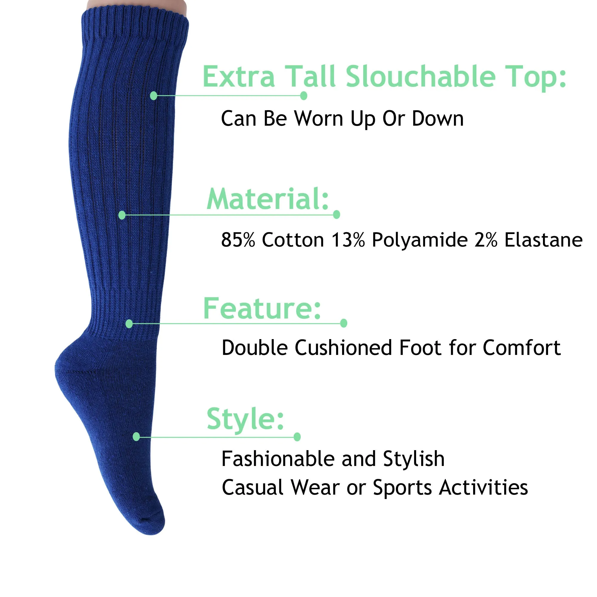 Royal Blue Slouch Socks for Women Cotton Knee High Shoe Size 5 to 10