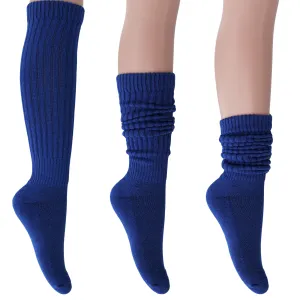 Royal Blue Slouch Socks for Women Cotton Knee High Shoe Size 5 to 10