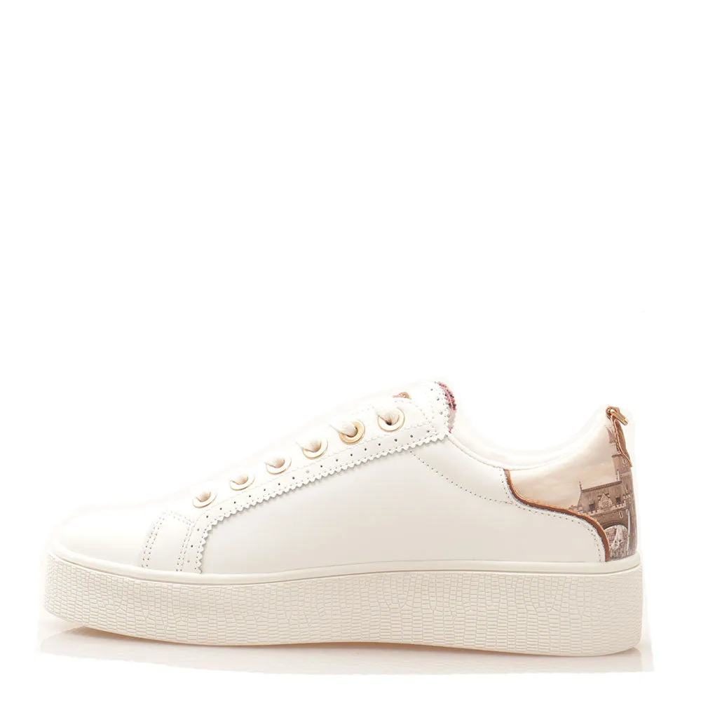 Scarpe Donna Y NOT Sneakers linea YES in Pelle Bianca stampa London