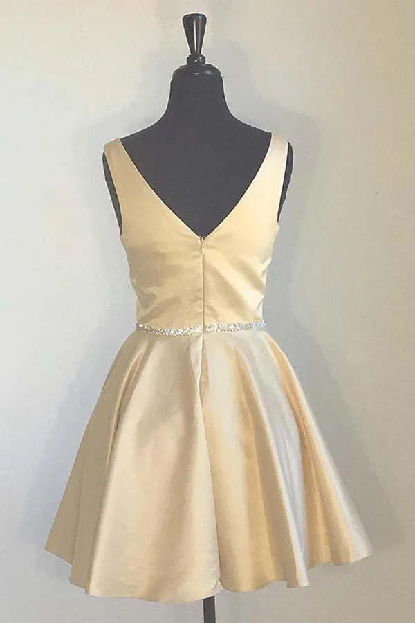 Simple Yellow Homecoming Dresses Broad Strap V Neck Beaded PD173