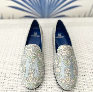 Slipper in Liberty Daisy Print with Baby Blue Logo