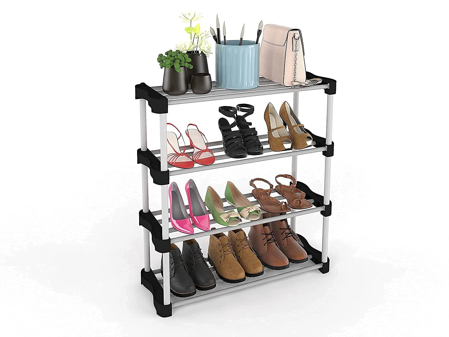 STRONGER STORE Asian Metal And Plastic Multipurpose portable shoe rack for home storage (Iran and plastic rack) used for book cloth toys etc (4 shelf BLACK)