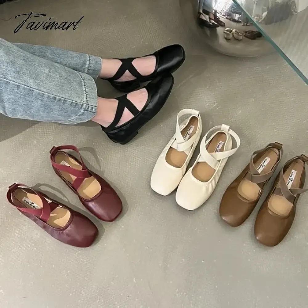 TAVIMART -  Retro Classic PU Cross Elastic Bandage Ballet Shoes Women Square Toe Cross Tied Women Flats Elegant Valentine Shoes