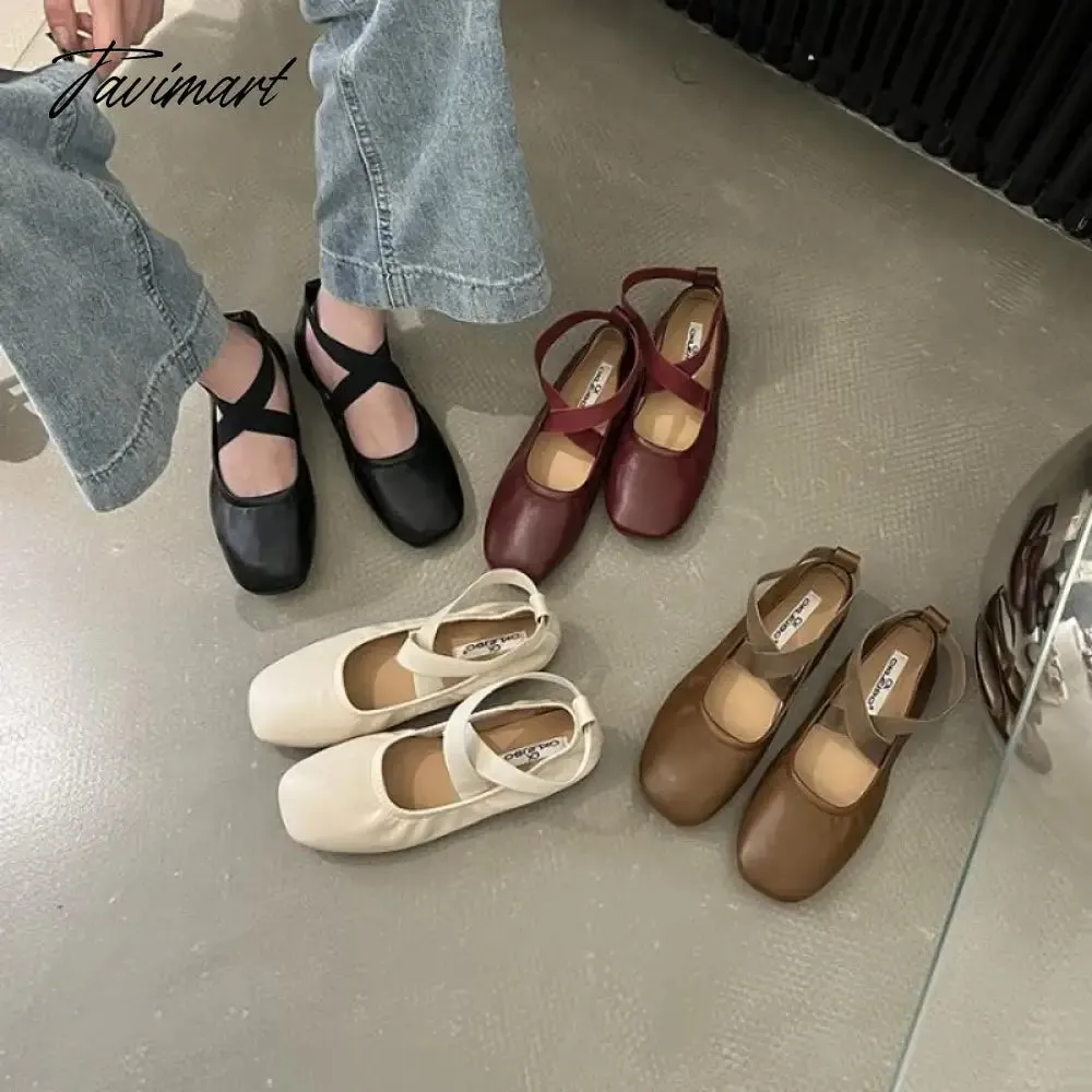 TAVIMART -  Retro Classic PU Cross Elastic Bandage Ballet Shoes Women Square Toe Cross Tied Women Flats Elegant Valentine Shoes