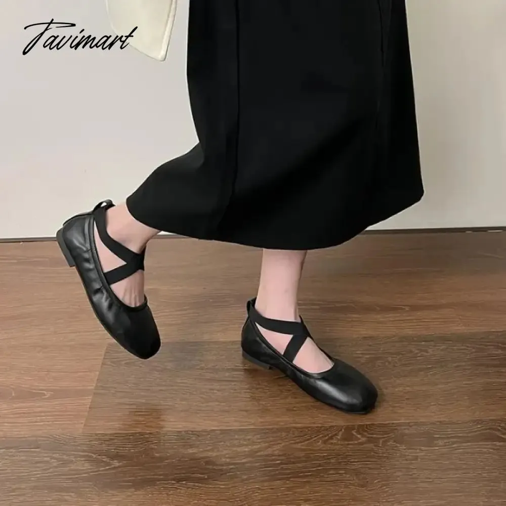 TAVIMART -  Retro Classic PU Cross Elastic Bandage Ballet Shoes Women Square Toe Cross Tied Women Flats Elegant Valentine Shoes