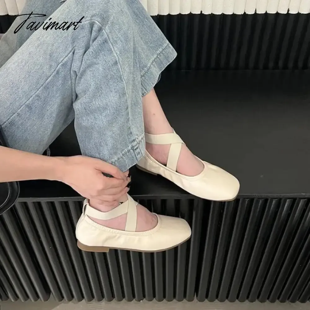 TAVIMART -  Retro Classic PU Cross Elastic Bandage Ballet Shoes Women Square Toe Cross Tied Women Flats Elegant Valentine Shoes