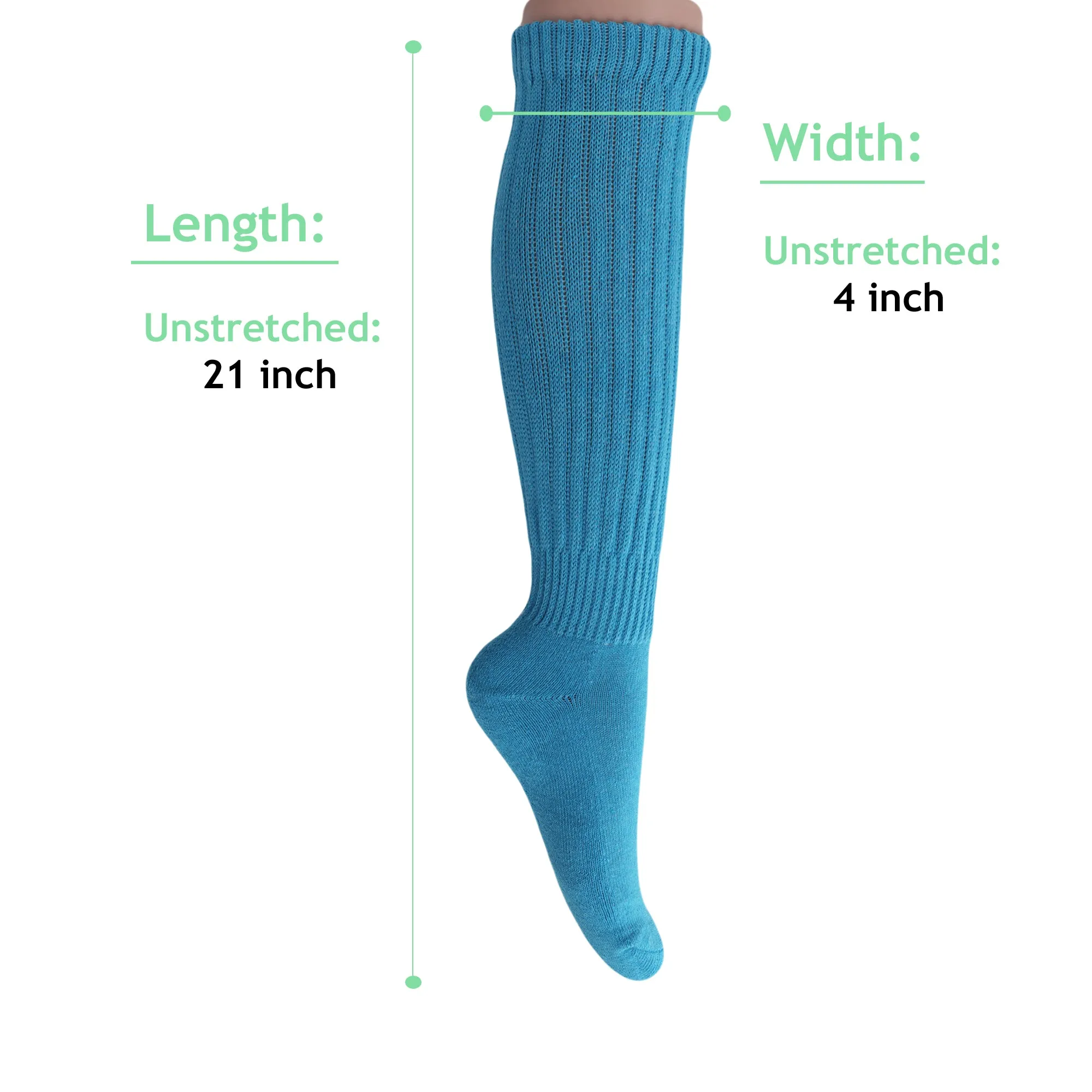 Turquoise Blue Slouch Socks for Women Cotton Knee High Shoe Size 5 to 10