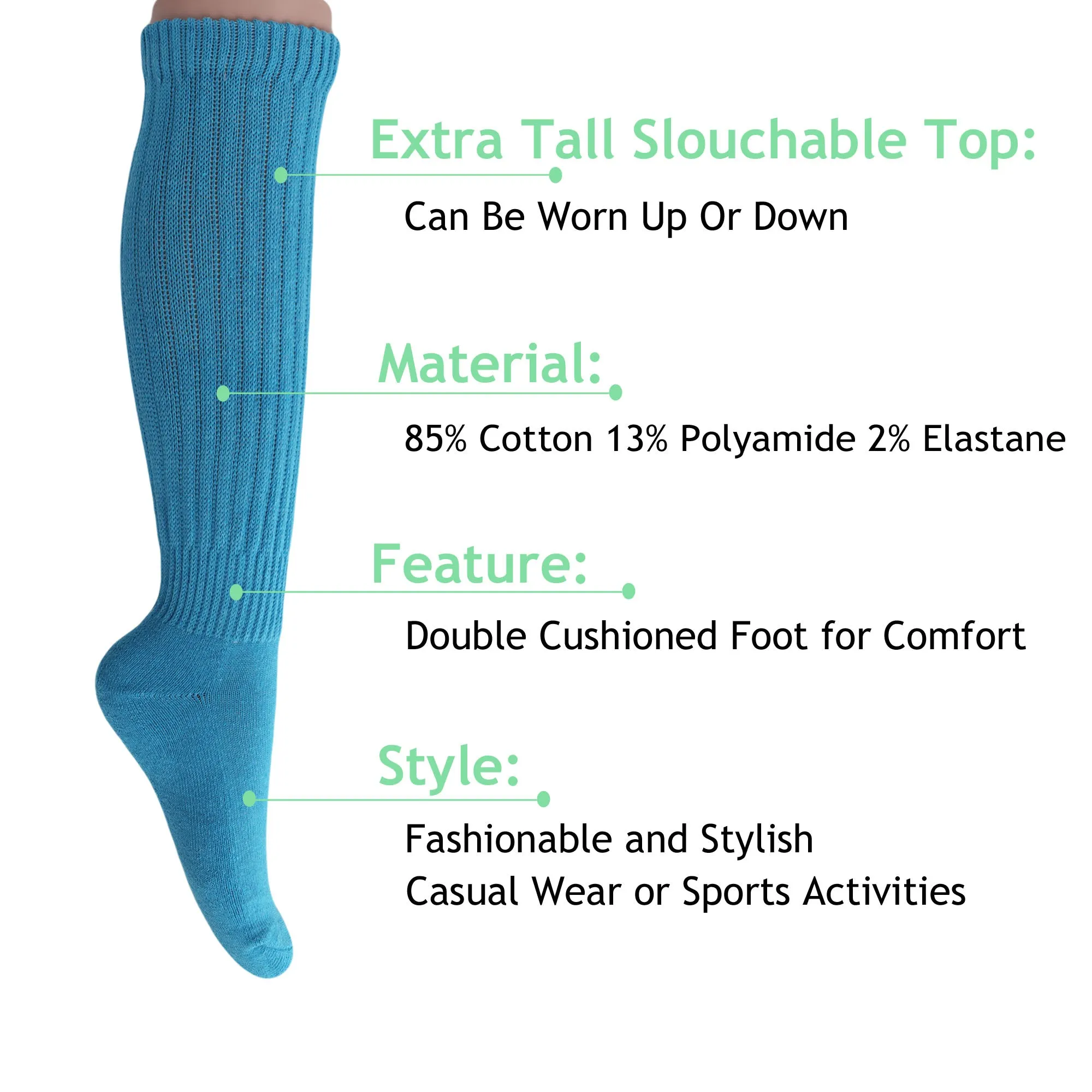 Turquoise Blue Slouch Socks for Women Cotton Knee High Shoe Size 5 to 10