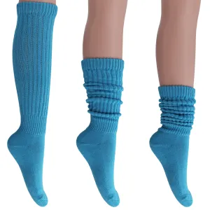 Turquoise Blue Slouch Socks for Women Cotton Knee High Shoe Size 5 to 10