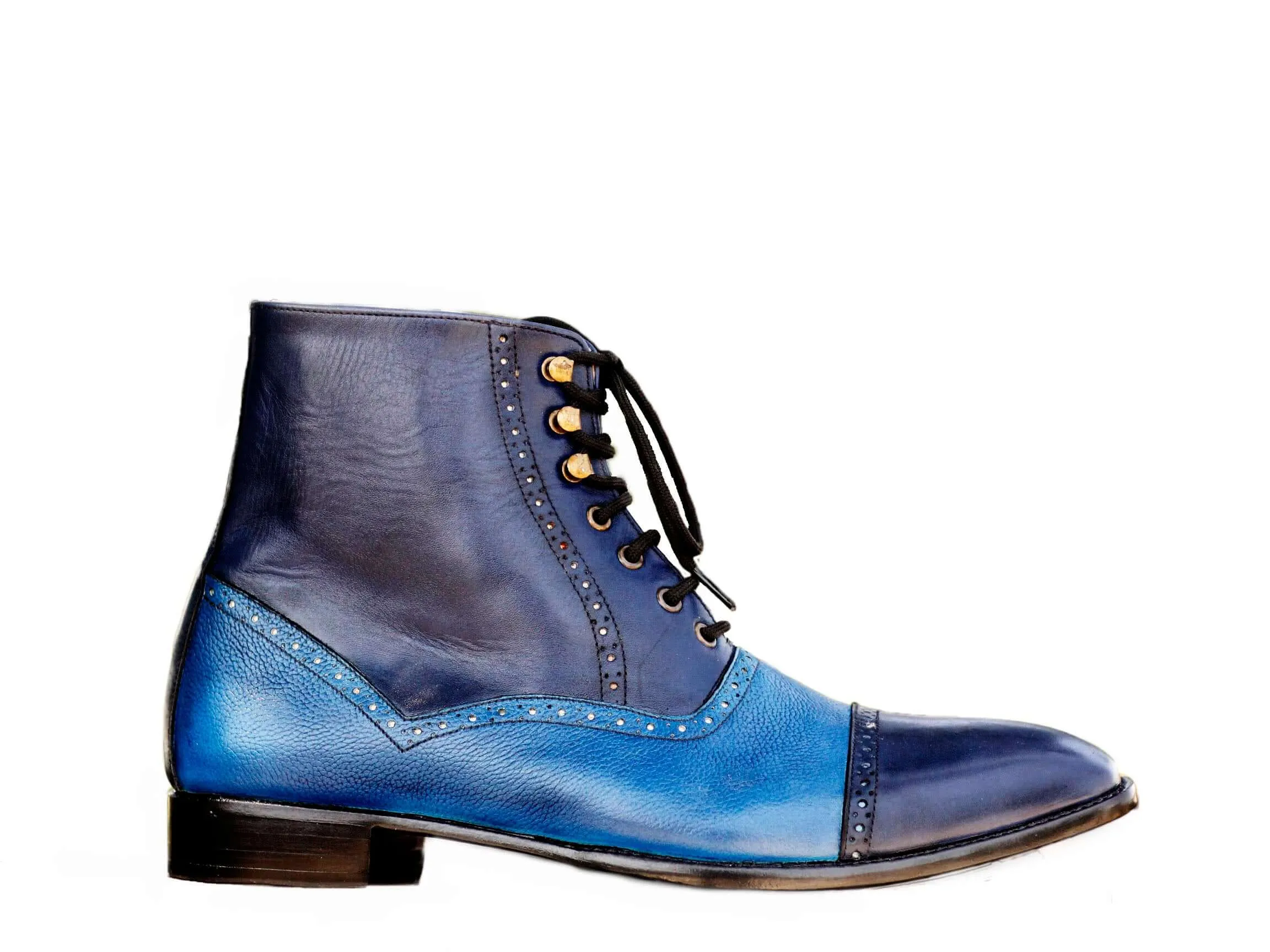 Two Tone Blue Leather Lace Up Ankle Boot,For Men