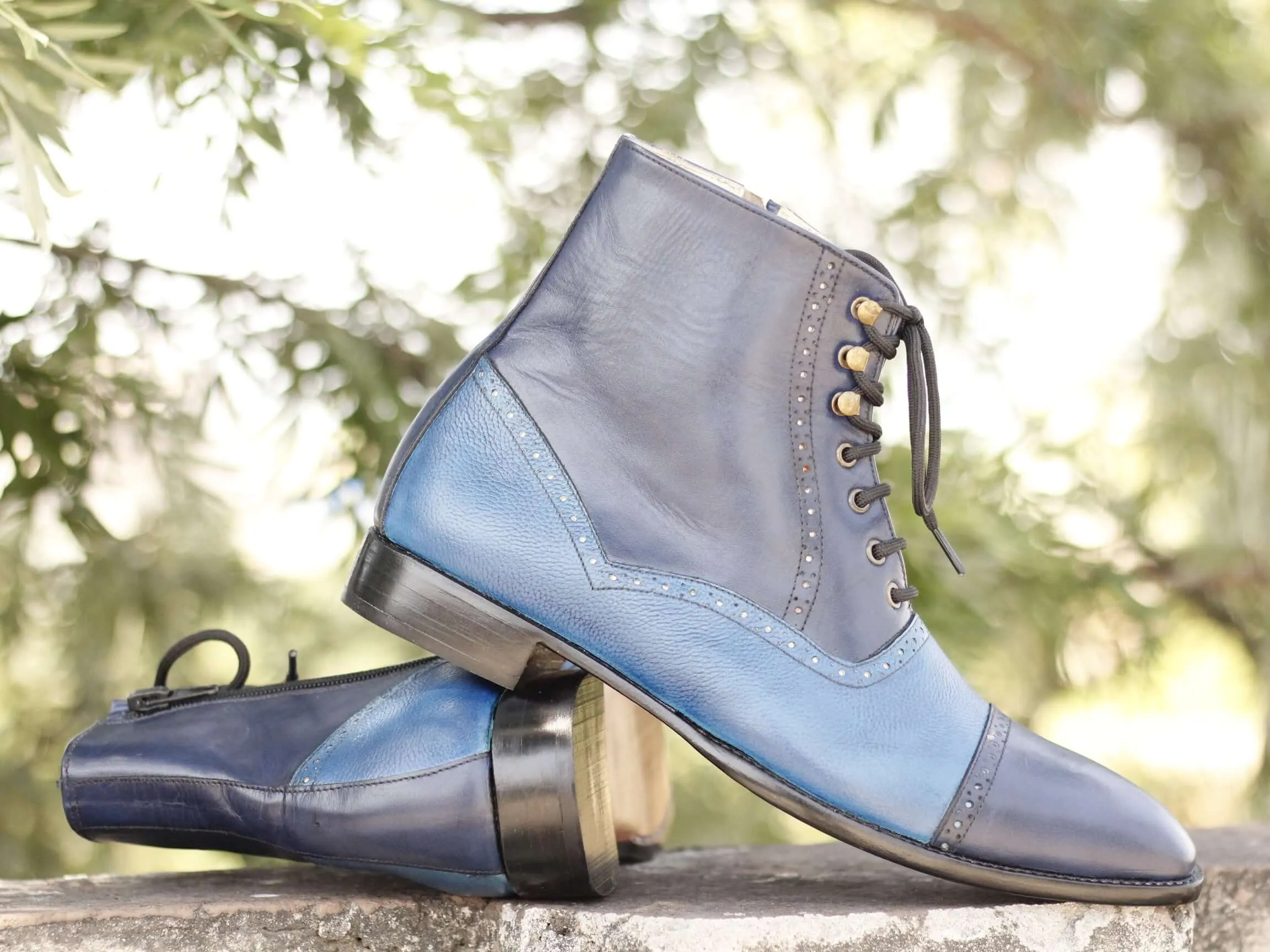 Two Tone Blue Leather Lace Up Ankle Boot,For Men