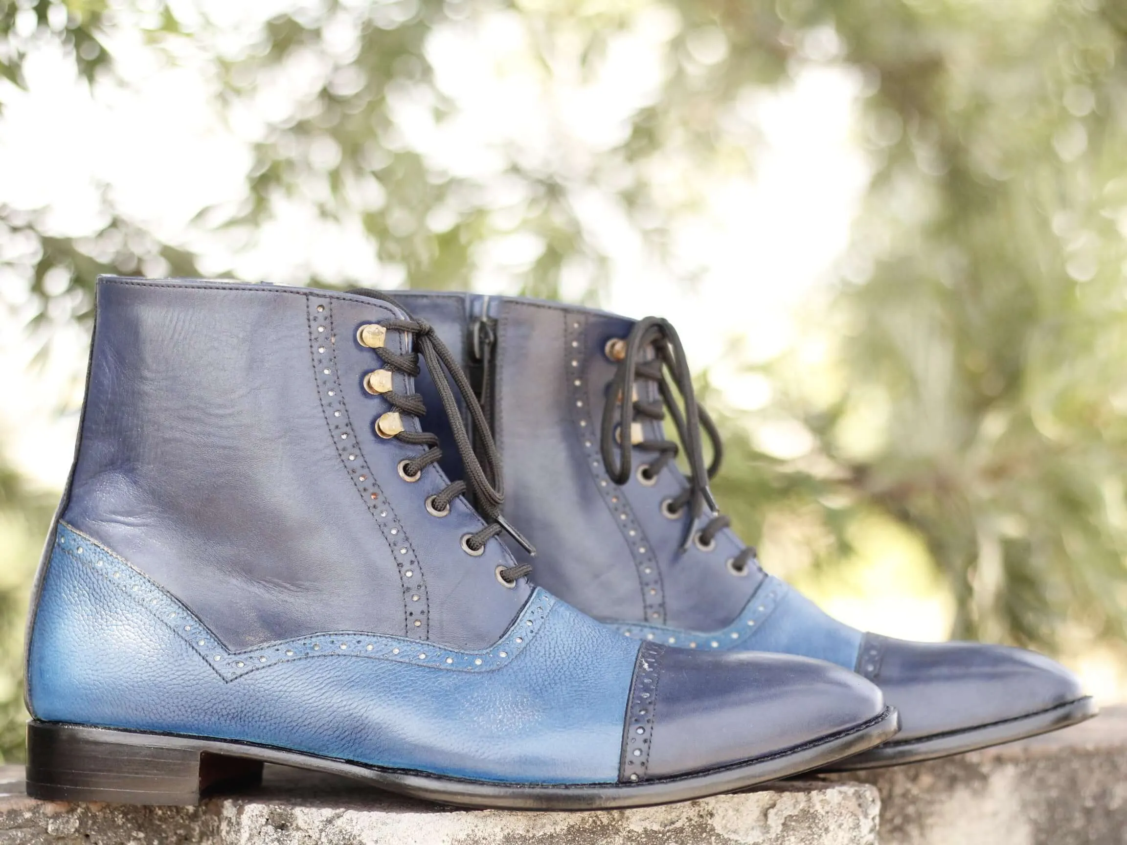 Two Tone Blue Leather Lace Up Ankle Boot,For Men