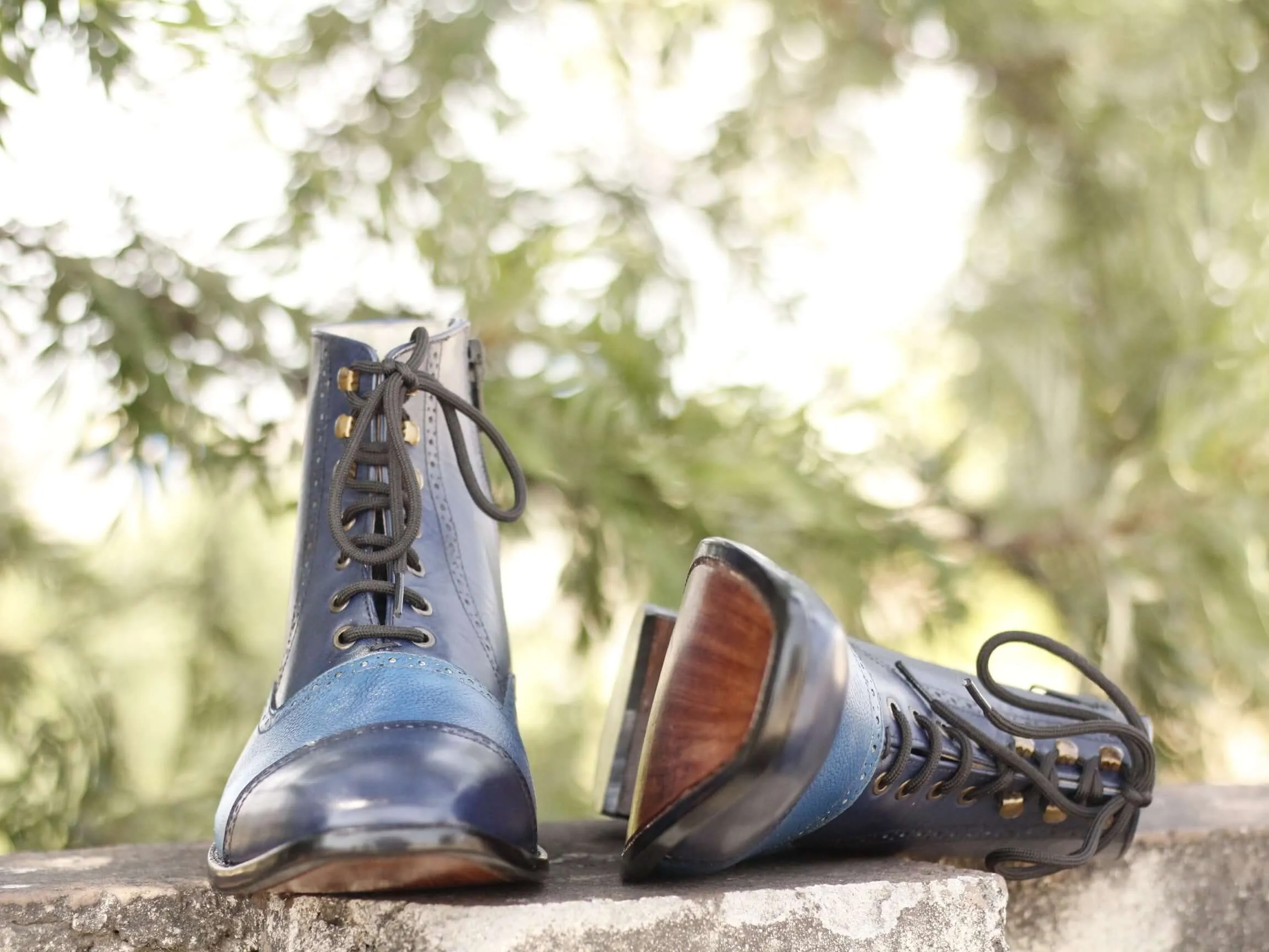 Two Tone Blue Leather Lace Up Ankle Boot,For Men