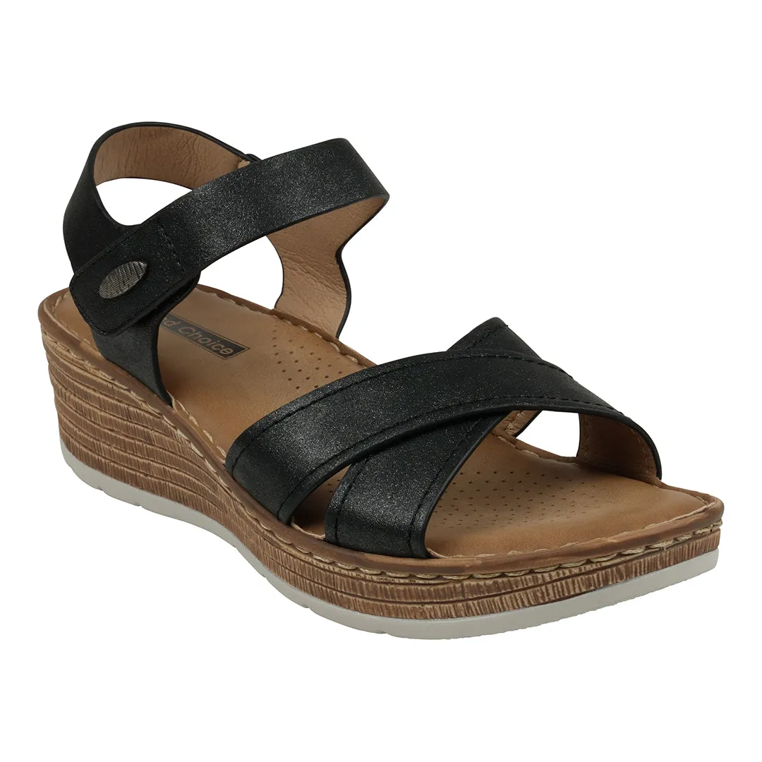 Vienna Black Cross Strap Velcro Slingback Wedge Sandals