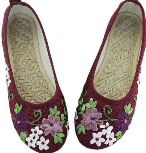 Vintage Embroidered Women Flats Flower Slip On Cotton Fabric Linen Comfortable Old Peking Ballerina Flat Shoes Sapato Feminino