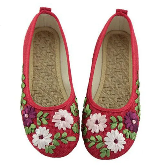 Vintage Embroidered Women Flats Flower Slip On Cotton Fabric Linen Comfortable Old Peking Ballerina Flat Shoes Sapato Feminino