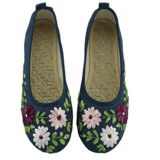 Vintage Embroidered Women Flats Flower Slip On Cotton Fabric Linen Comfortable Old Peking Ballerina Flat Shoes Sapato Feminino