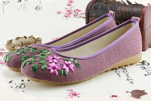 Vintage Embroidered Women Flats Flower Slip On Cotton Fabric Linen Comfortable Old Peking Ballerina Flat Shoes Sapato Feminino