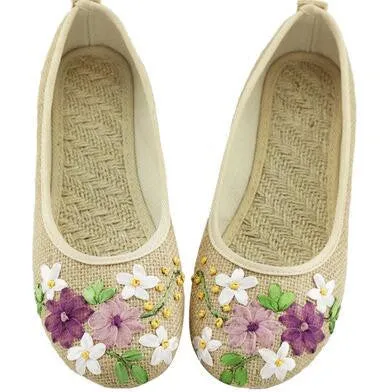 Vintage Embroidered Women Flats Flower Slip On Cotton Fabric Linen Comfortable Old Peking Ballerina Flat Shoes Sapato Feminino