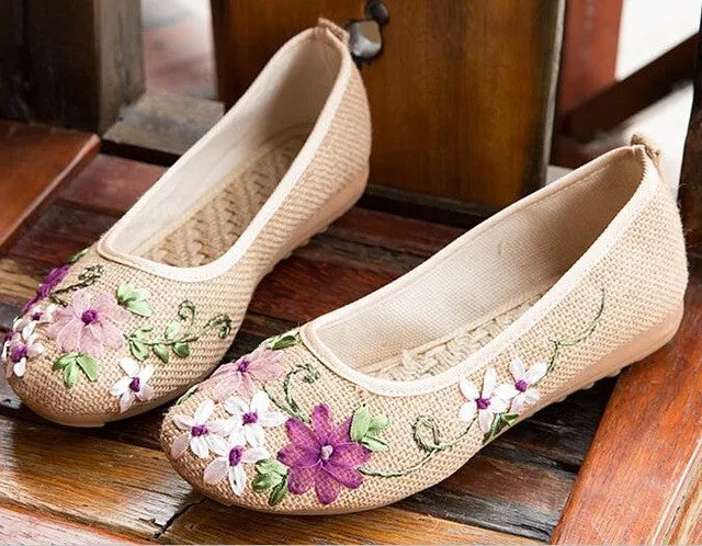 Vintage Embroidered Women Flats Flower Slip On Cotton Fabric Linen Comfortable Old Peking Ballerina Flat Shoes Sapato Feminino