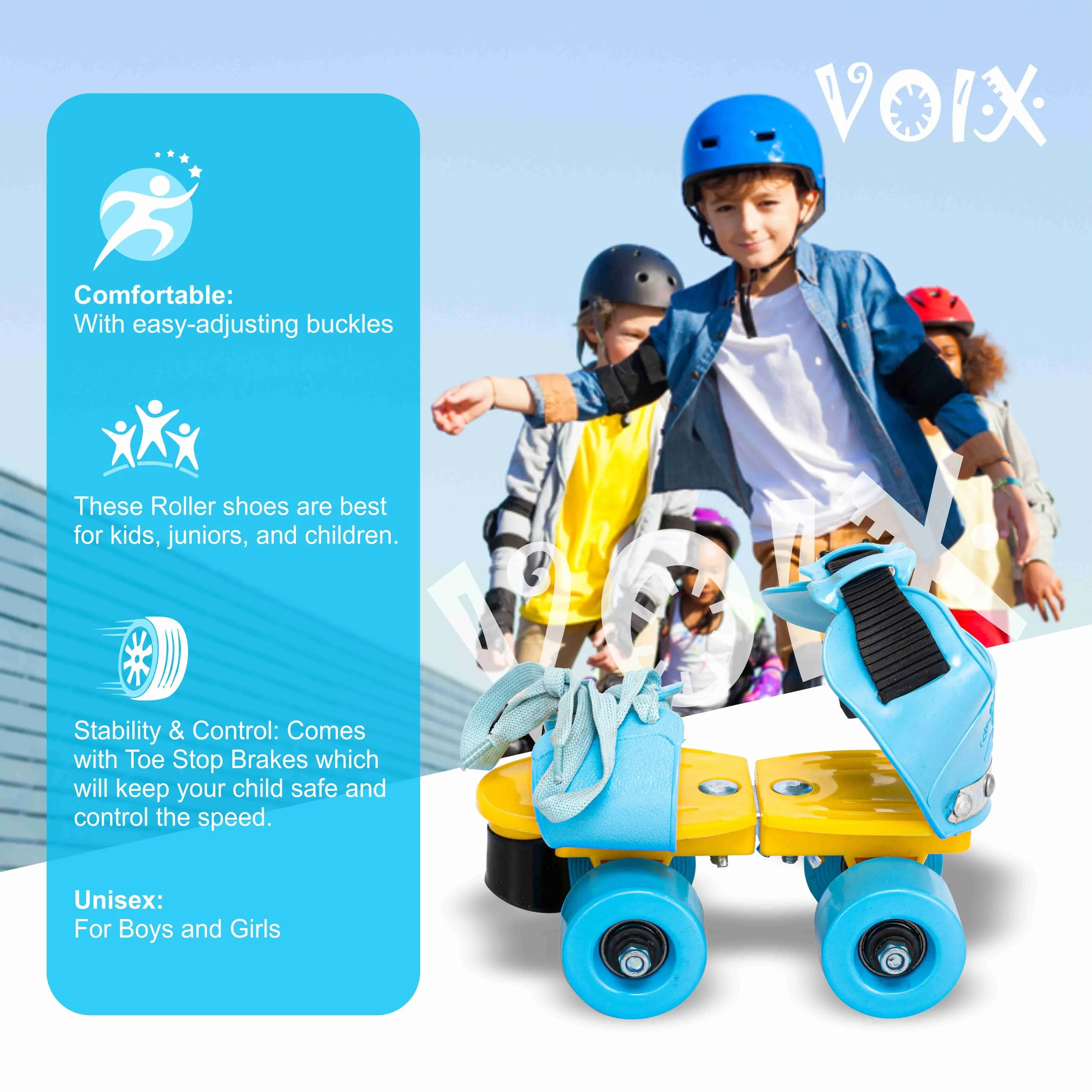 Voix Roller Skates for Kids Age Group 4-12 Years | Skating Shoes Minimum Size 17 cm and Maximum Size 23 cm (Sky Blue)