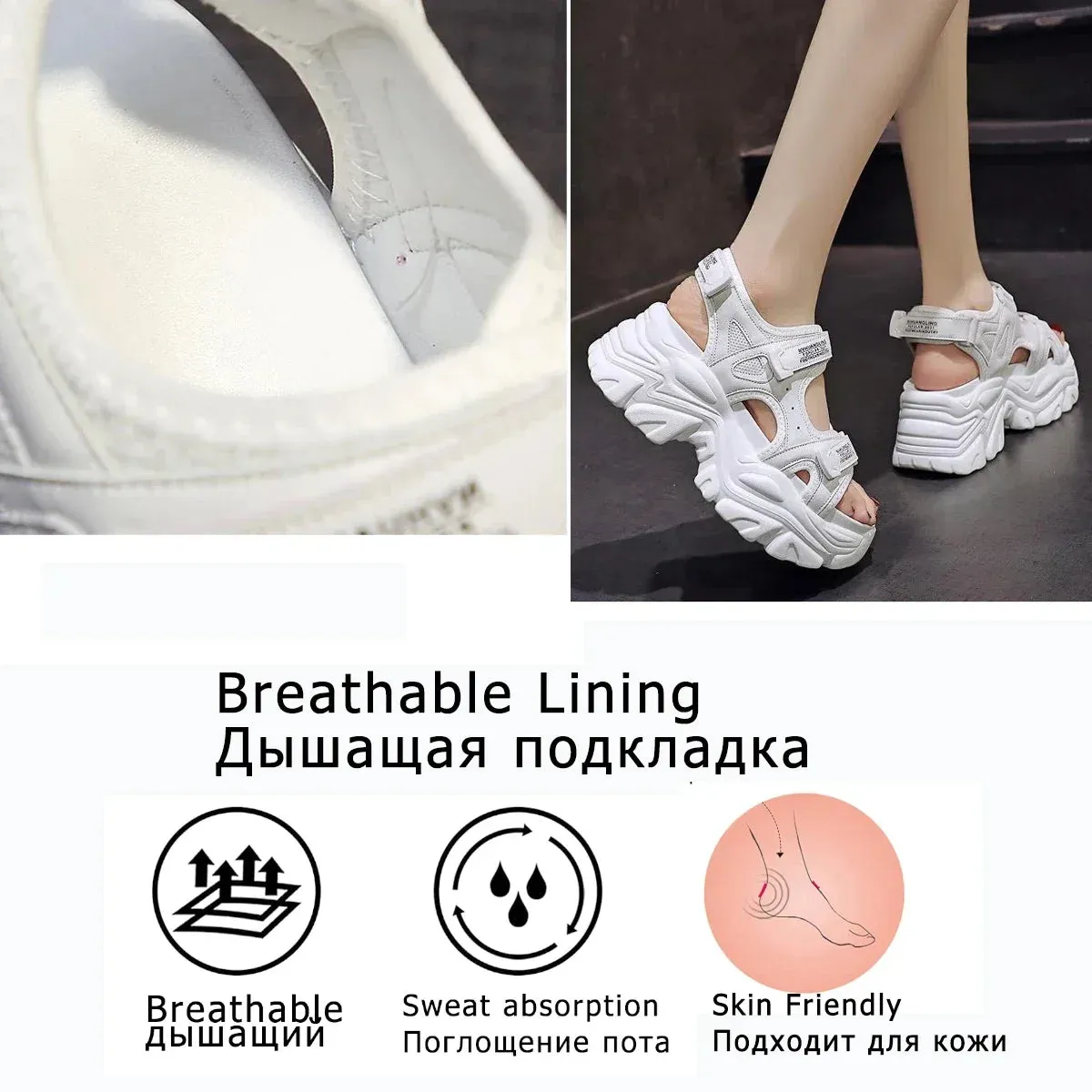 Wenkouban Fujin 8cm Women Sandals Platform Thick Sole Chunky Shoes Platform Ins Casual Summer Shoes Sandals Beige Black Comfortable