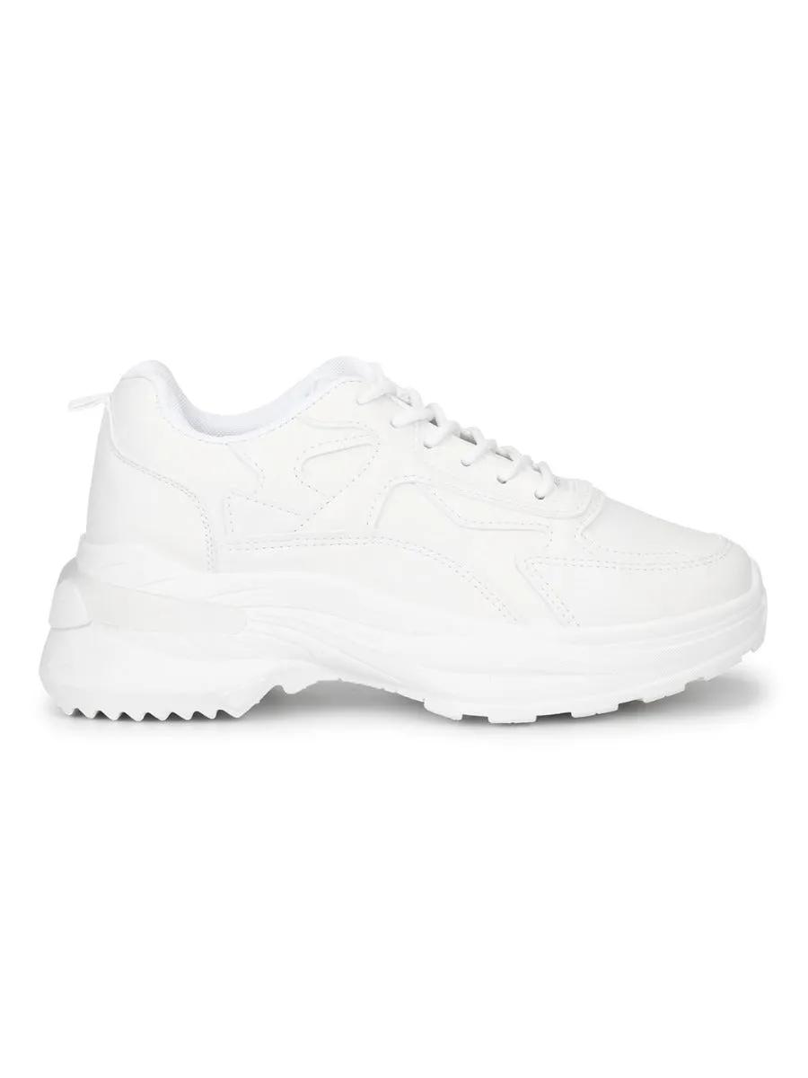 White PU Cleated Bottom Lace-Up Chunky Sneakers