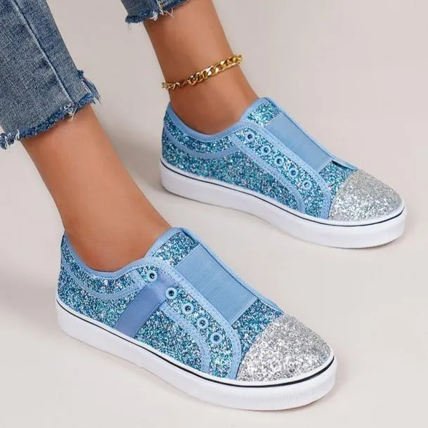 Women color block glitter low cut flat heel slip on sneaker