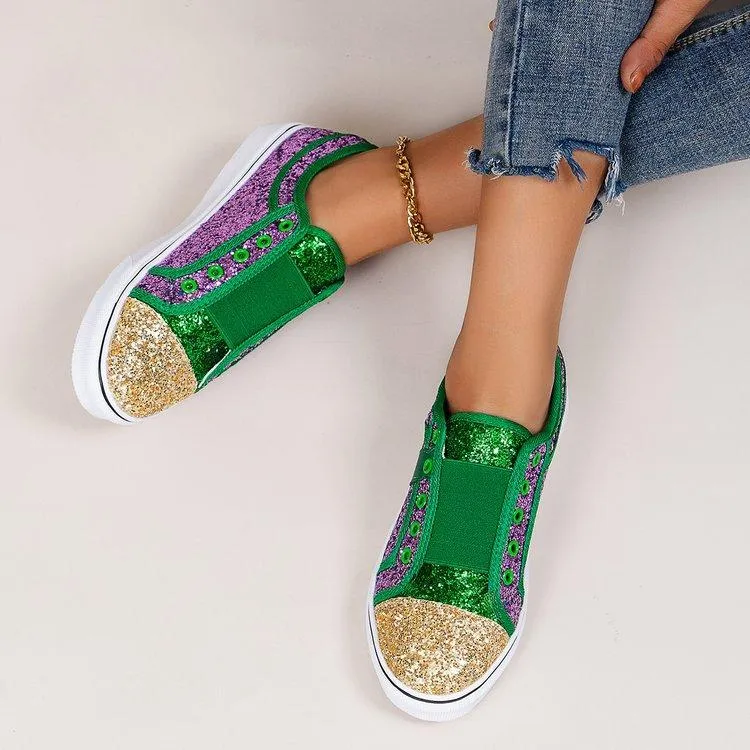 Women color block glitter low cut flat heel slip on sneaker