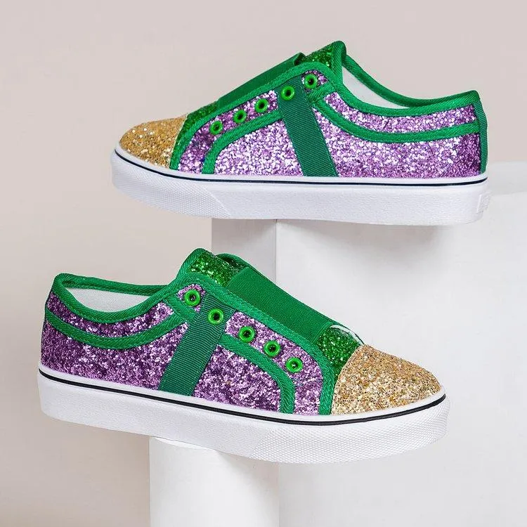 Women color block glitter low cut flat heel slip on sneaker