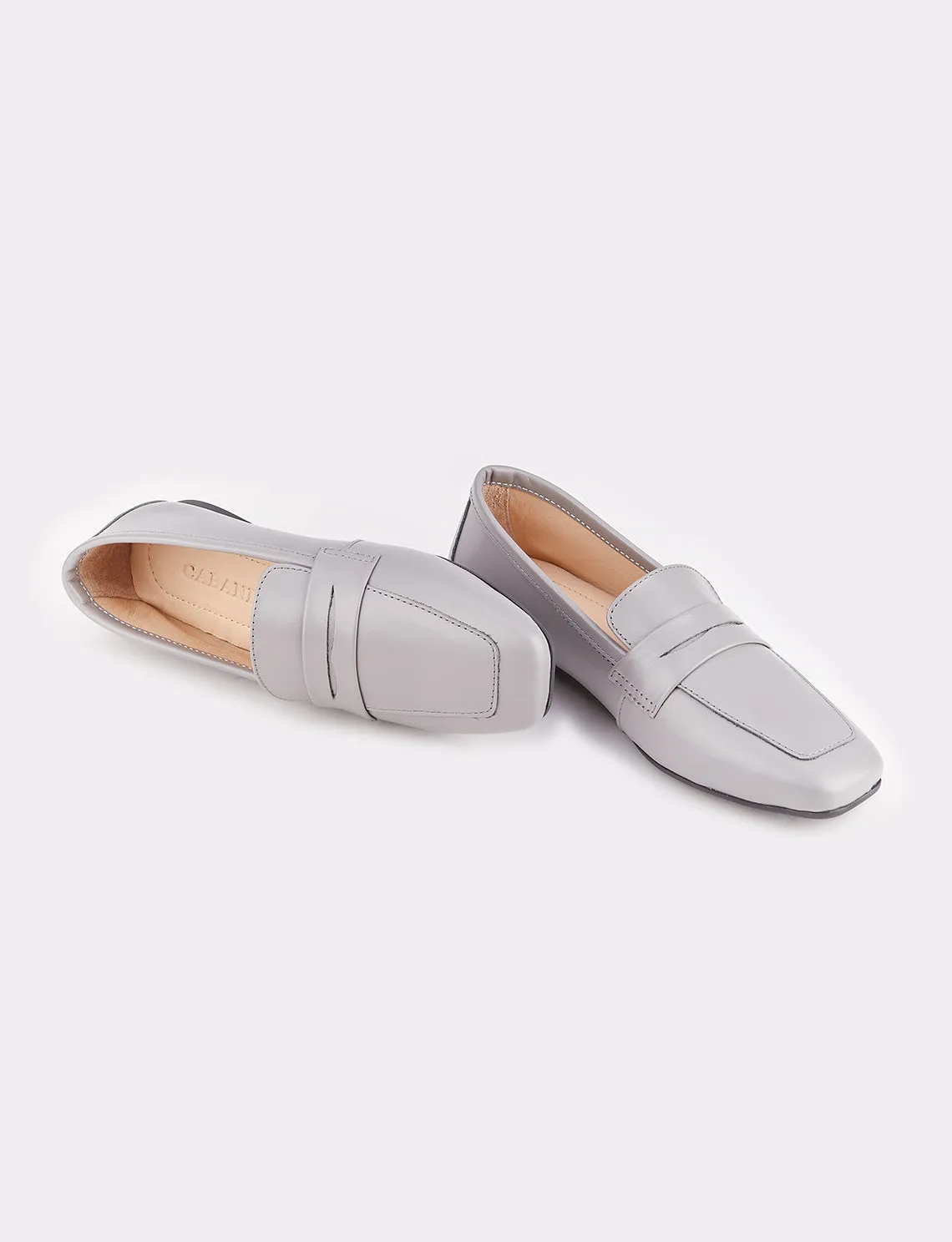 Women Grey Genuine Leather Square Toe Flat Shoes