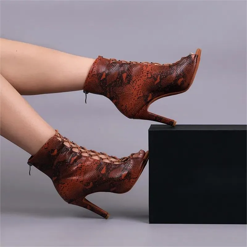 Women's Brown 9.5cm Heel Peep Toe Jazz Shoes Dance Boots