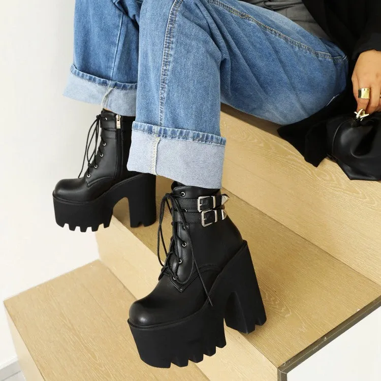 Women's Glossy Square Toe Lace Up Buckle Straps Block Chunky Heel Platform Ankle Boots