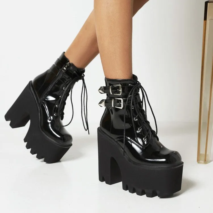 Women's Glossy Square Toe Lace Up Buckle Straps Block Chunky Heel Platform Ankle Boots