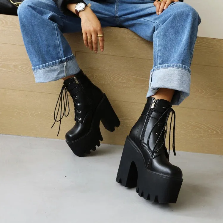 Women's Glossy Square Toe Lace Up Buckle Straps Block Chunky Heel Platform Ankle Boots