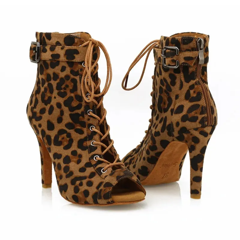 Women's Leopard 9.5cm Heel Peep Toe Jazz Shoes Dance Boots