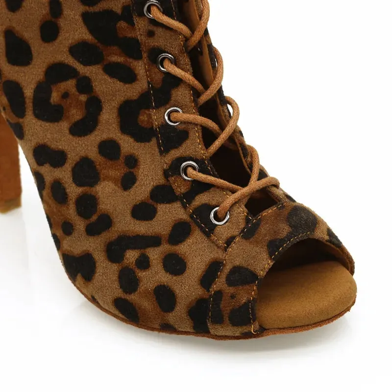 Women's Leopard 9.5cm Heel Peep Toe Jazz Shoes Dance Boots