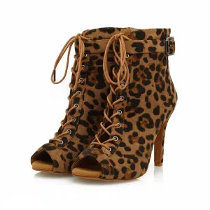 Women's Leopard 9.5cm Heel Peep Toe Jazz Shoes Dance Boots