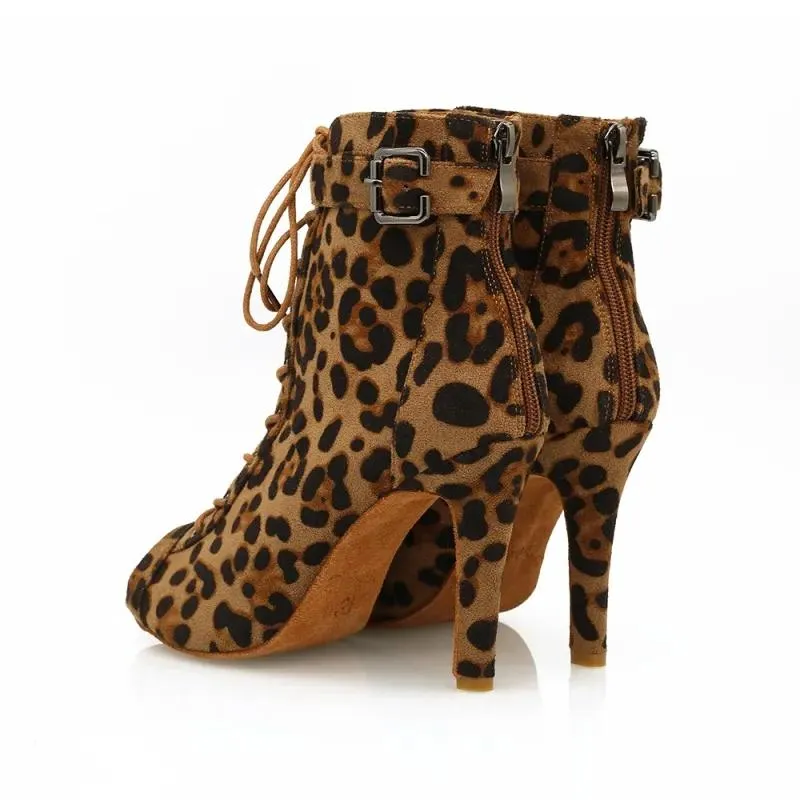 Women's Leopard 9.5cm Heel Peep Toe Jazz Shoes Dance Boots