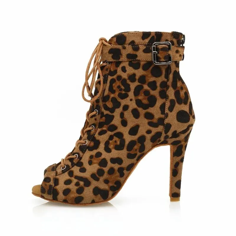 Women's Leopard 9.5cm Heel Peep Toe Jazz Shoes Dance Boots