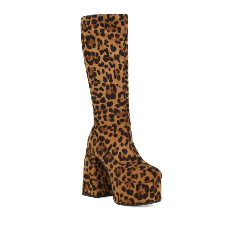 Women's Leopard Print Round Toe Stitching Block Heel Platform Knee High Boots